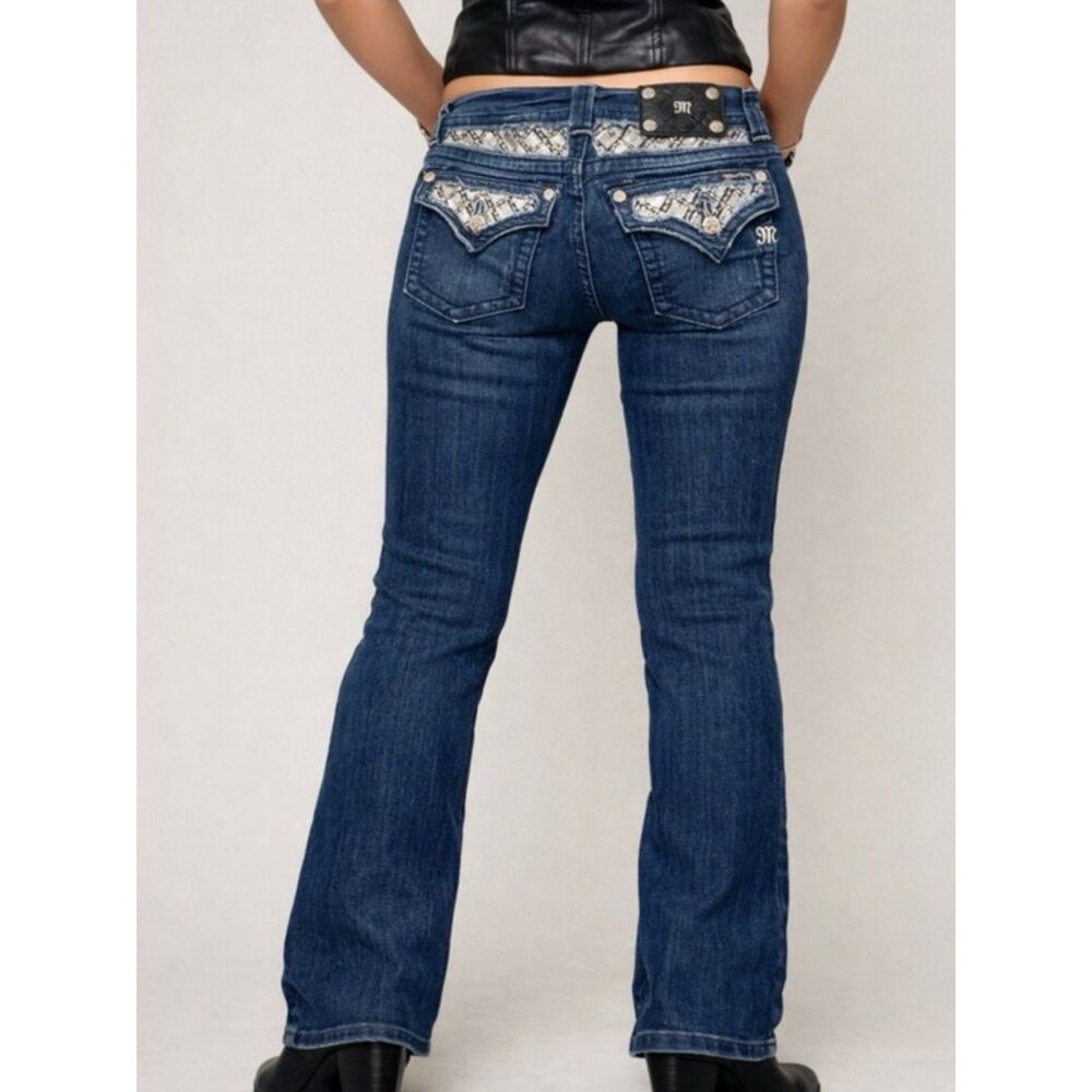 Miss Me Y2K Jeans Women's Size 29 Bling Rhinestone Back Flap Bootcut Dark Wash